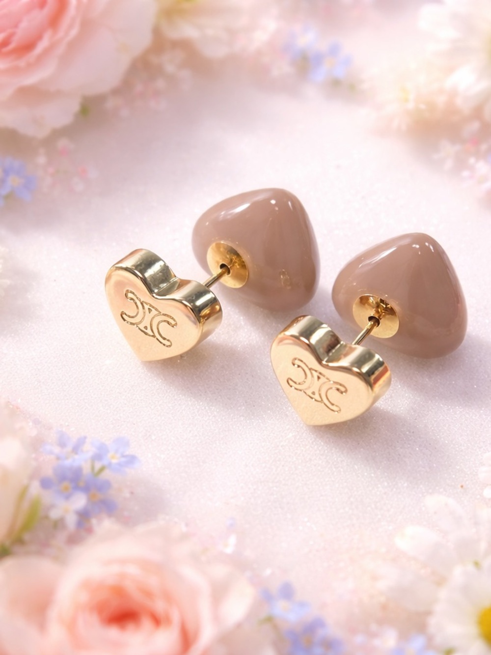 Gold Heart Stud Earrings with Taupe Resin Backs
